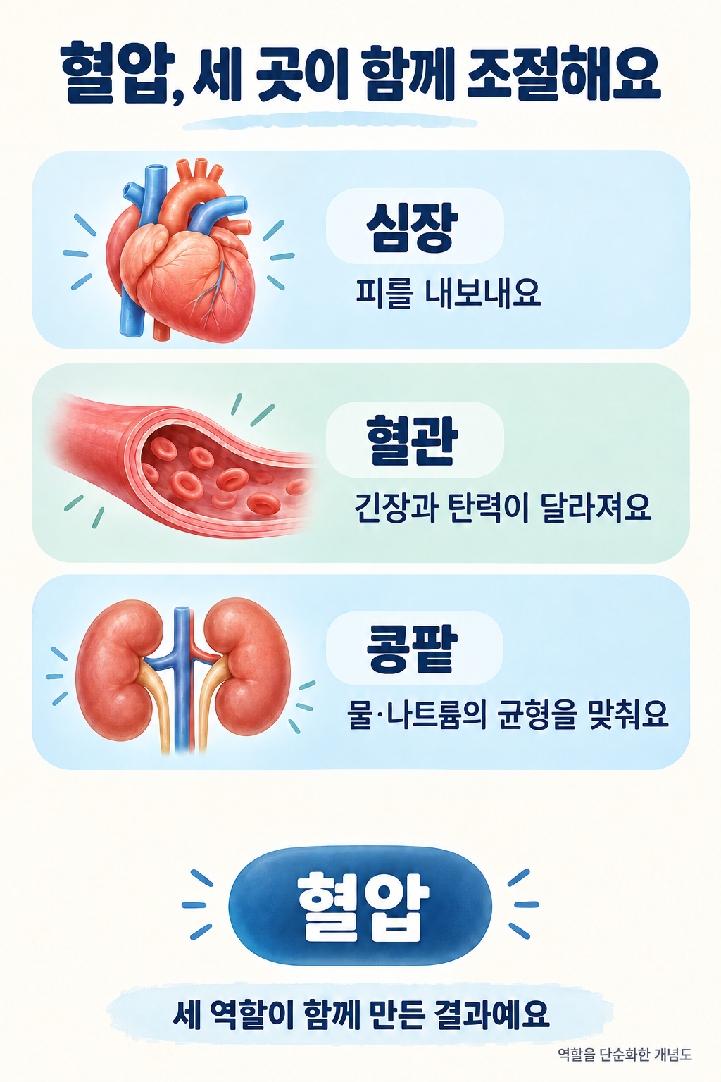 혈압은 심장의 펌프 기능, 혈관의 긴장과 탄력, 콩팥의 물·나트륨 조절이 함께 만든 결과입니다.