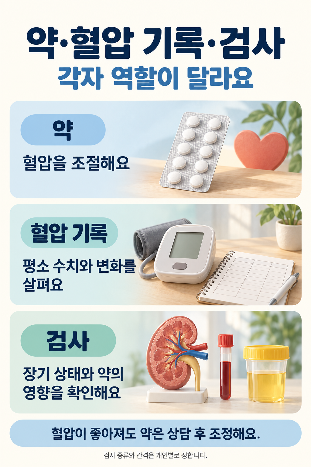 약은 혈압 조절을 돕고, 가정혈압 기록은 평소 수치의 변화를 보여주며, 검사는 장기 상태와 약의 영향을 확인합니다.