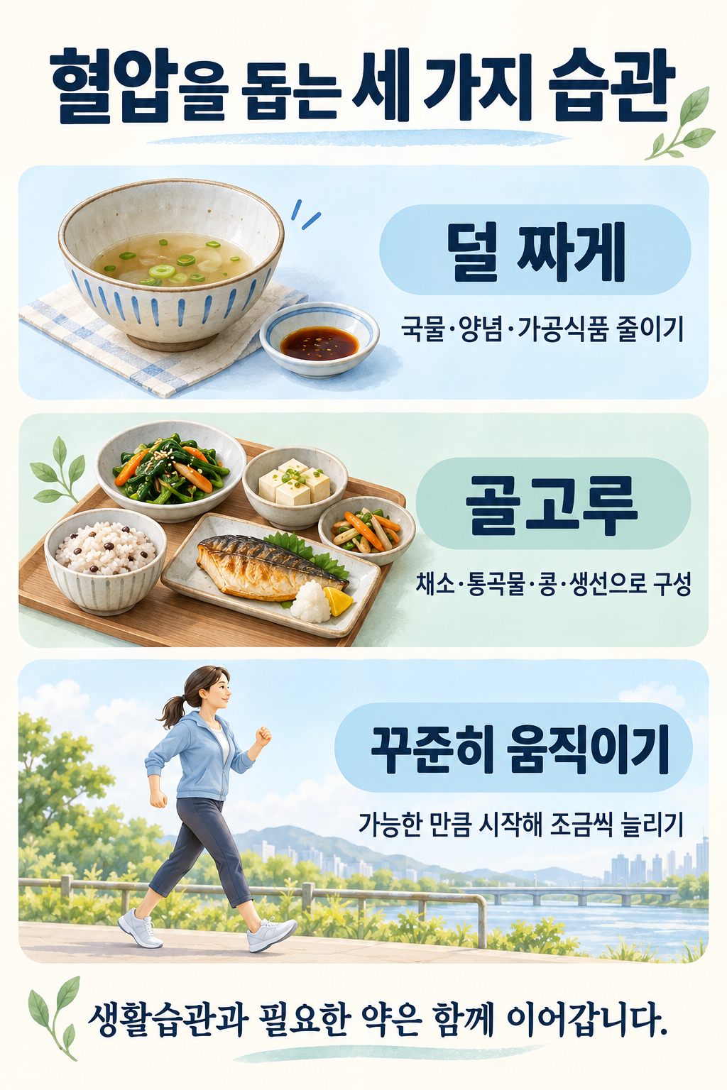 덜 짠 식사, 균형 잡힌 식단, 꾸준한 움직임으로 혈압을 관리하는 방법