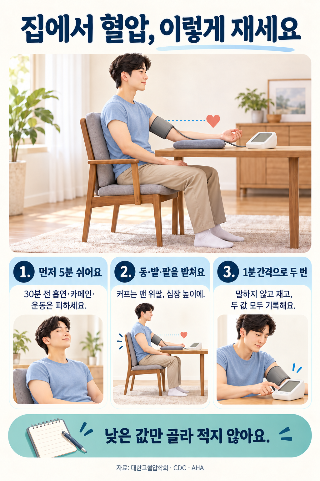 가정혈압 측정은 5분간 조용히 쉰 뒤, 등을 기대고 발을 바닥에 둔 자세에서 팔을 심장 높이로 받쳐 시행합니다. 1분 간격으로 두 번 측정하고 두 값 모두 기록합니다.